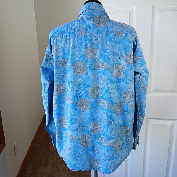 Pete Huntington Handcrafted Bali Batik Shirt L long sleeve blue ferns button-up - Picture 4 of 14